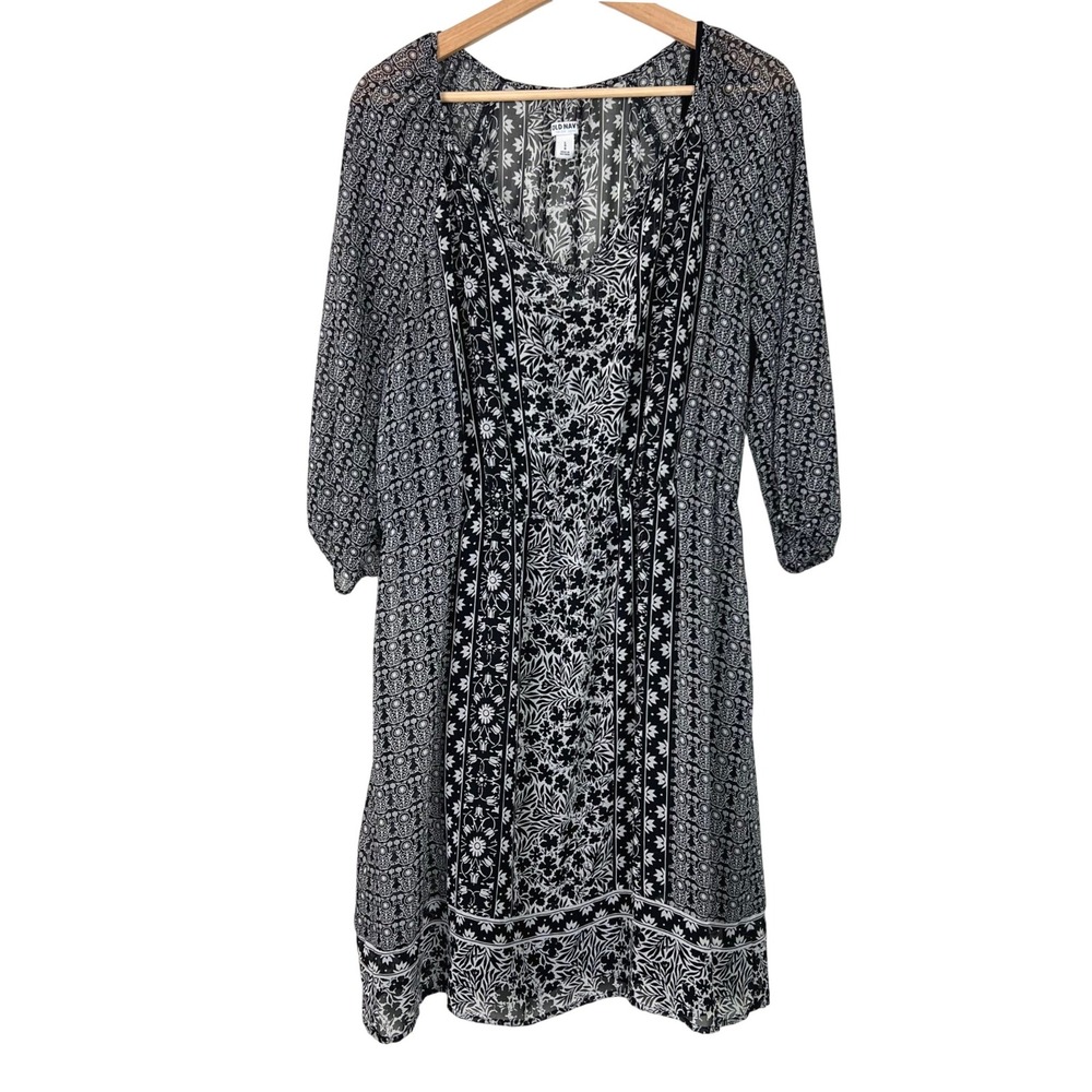 Oldโ Navy Black White Floral Geometric Mixed Print V-Neck Dress Large 3/4 Sleeve